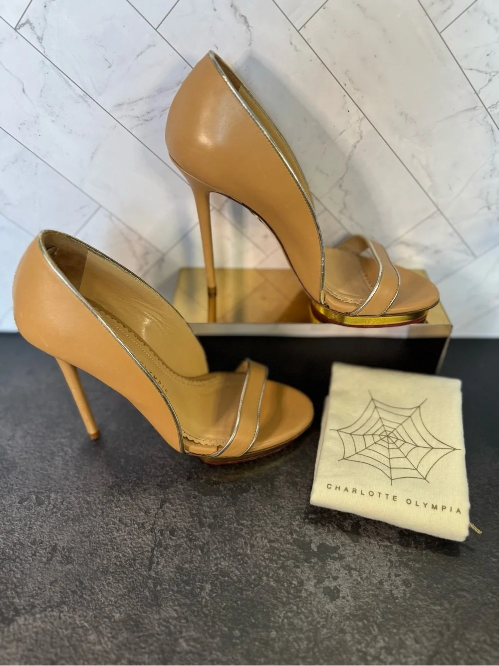Charlotte Olympia Tan Open-Toe Stiletto Pumps Heels, Size 37
